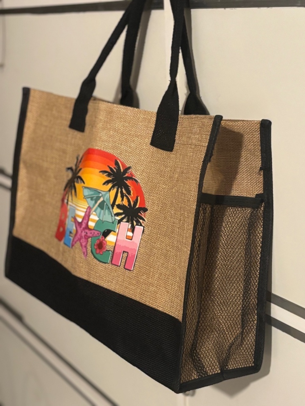 Straw Tote Beach Bag With Water Bottle Holder